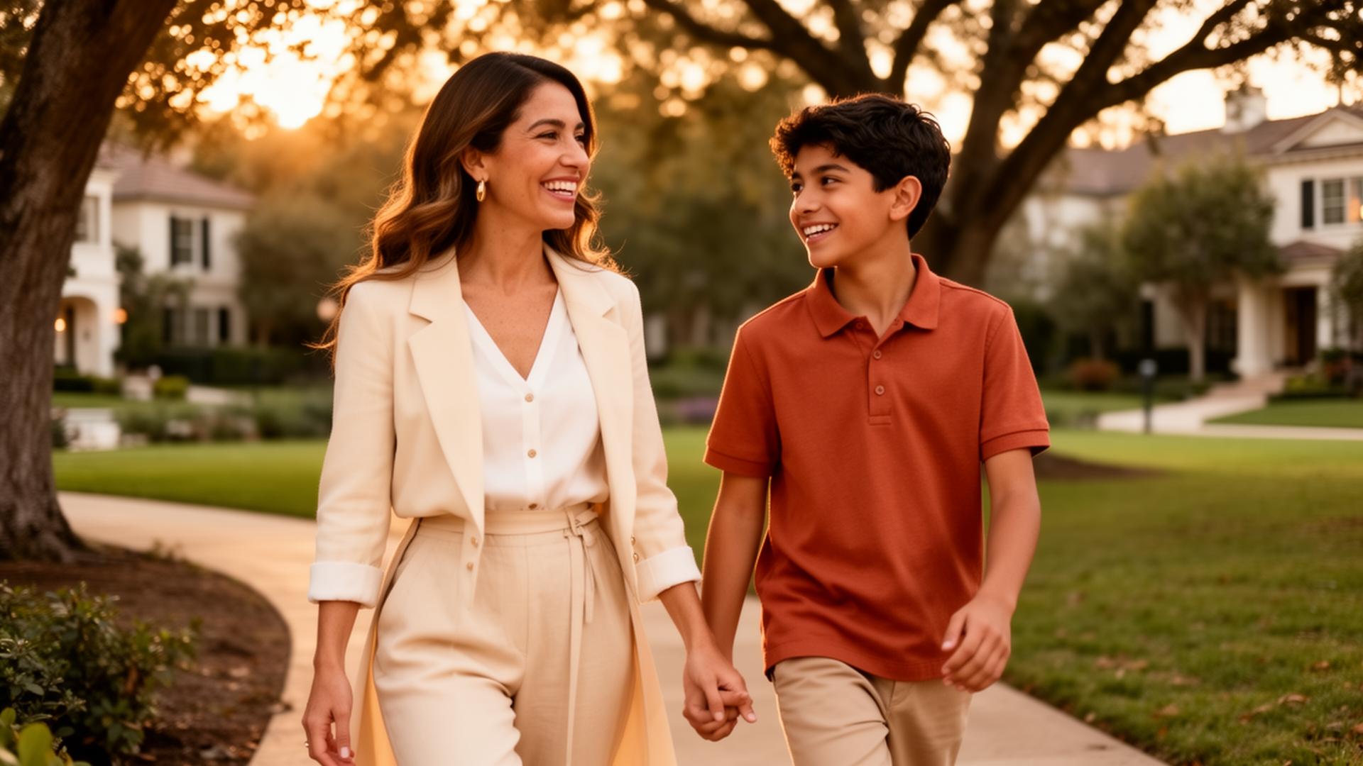 Familia caminando junta por una calle cálida
