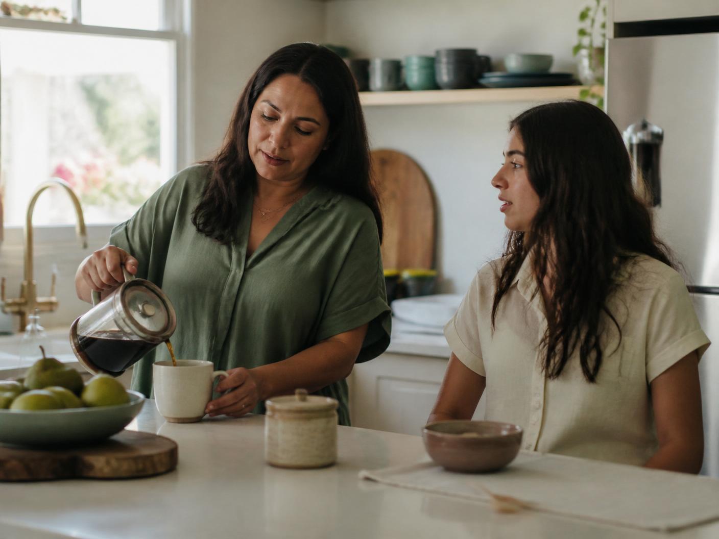 Madre e hija conversando en la cocina durante una mañana cotidiana