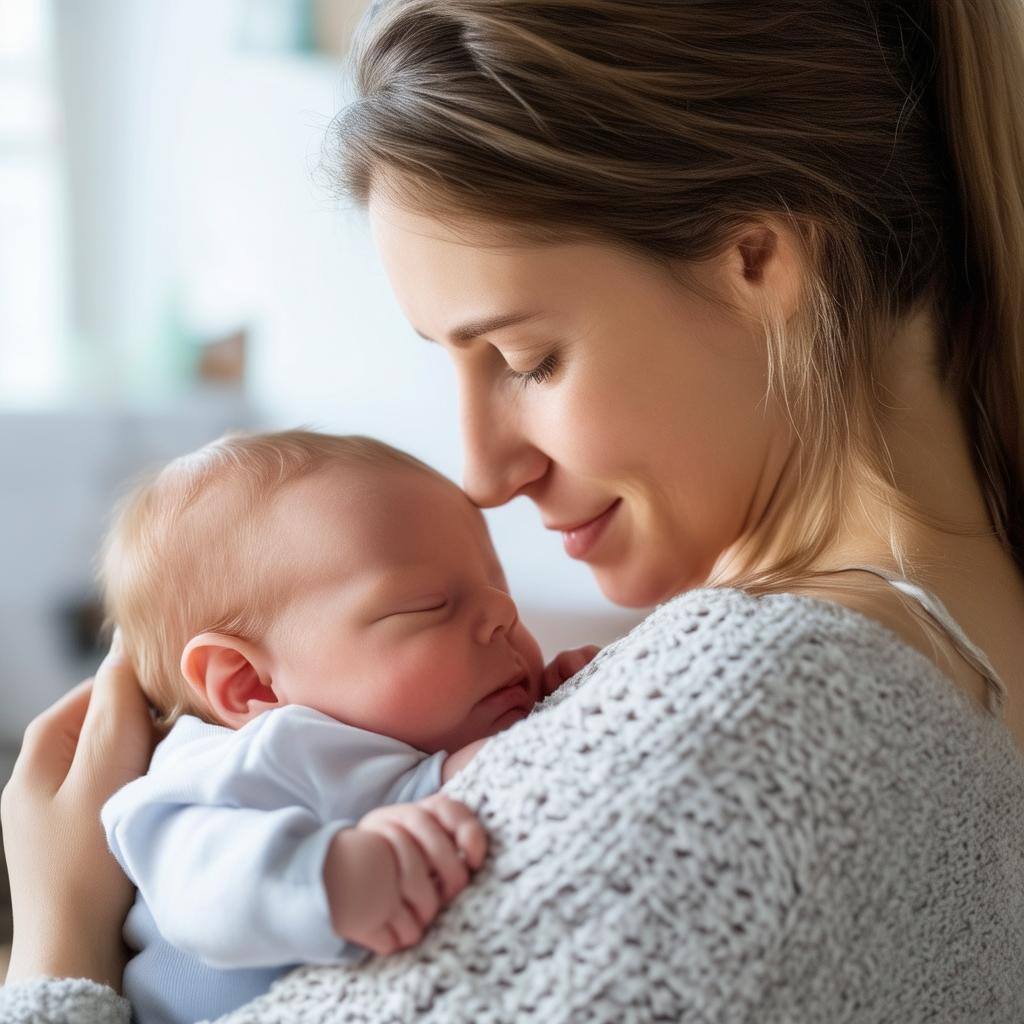 An image of a firsttime mother holding her baby, comforting them in the quiet of the night, surrounded by feelings of love, joy, doubt, and stress