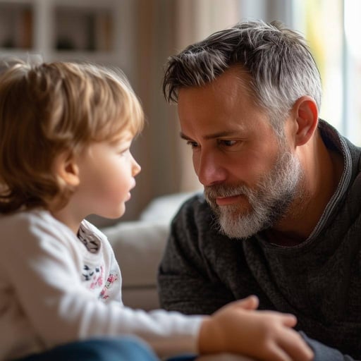 An image of a parent actively listening to their child, engaging in a deep conversation while sitting together in a cozy setting