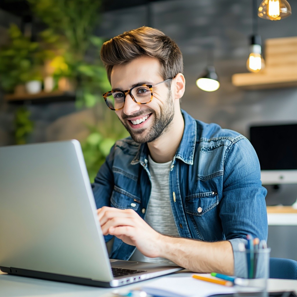 Create an image of a young executive in a modern and casual office enviroment reading at his laptop he look interested happy and reflexive