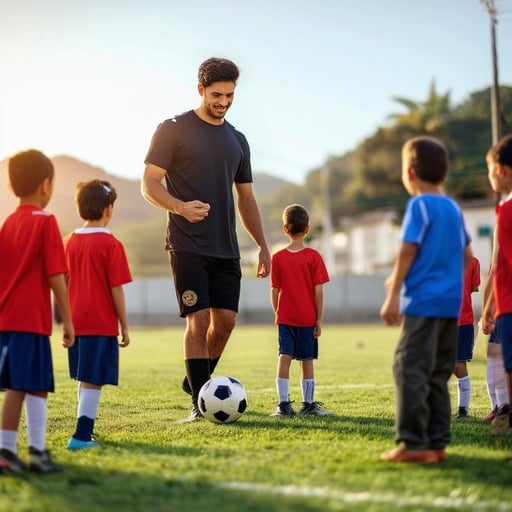 Create an image with a young man with authority coaching a kids soccer team, latin context