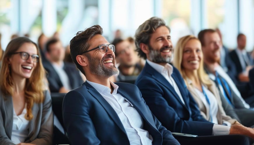 Create an image with executives in a conference, all audience looks happy and they are engaged with the speaker
