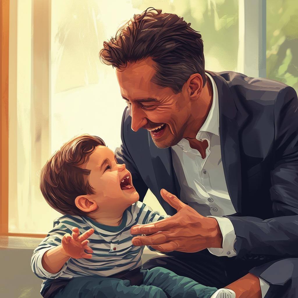 Executive and father young, playing with his boy in casual suit
