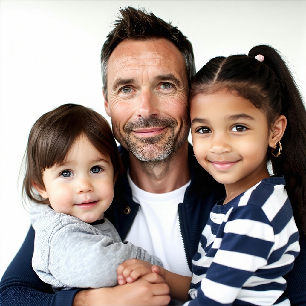 Generate an image of a dad with a children about 8 years old white people