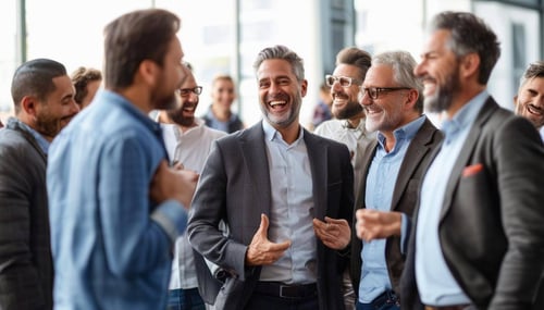 Group of mens between 30 and 50 years some mens are dressing business casual outfits, other relaxed, all of them are sharing, talking, some looks refl