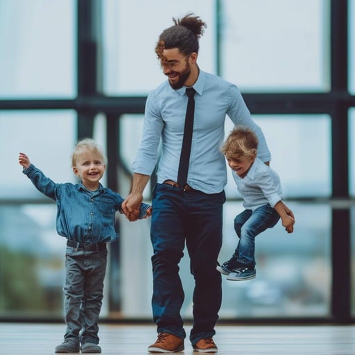 The image is of a young man CEO balancing work leadership with parenting, image need to fit 20000