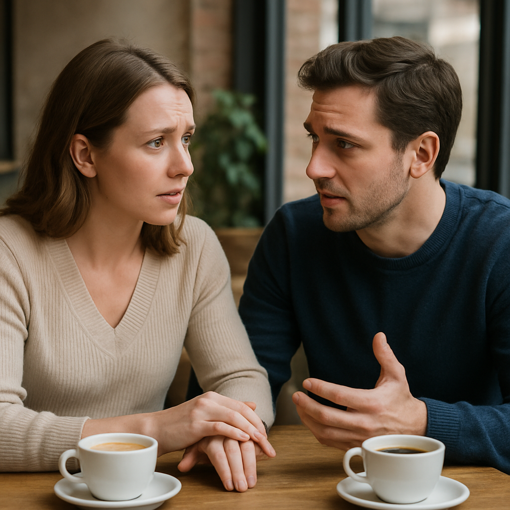 Una pareja hablando con compasin los dos son blancos visten casual pero nice estn tomando un caf y se ven tensos pero con buena actitud