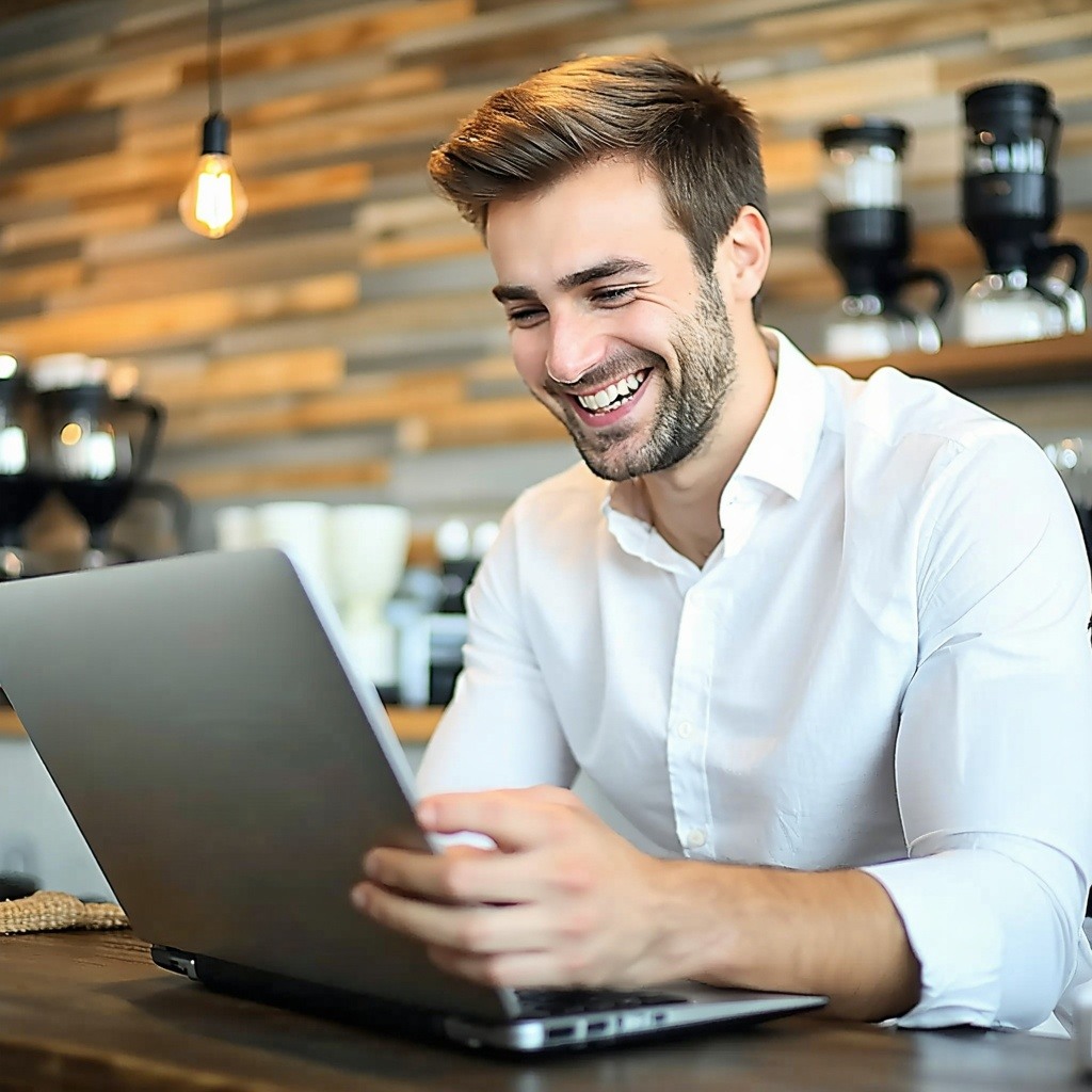 Young and white executive man reading in his laptop and Laughing casual coffee background-1