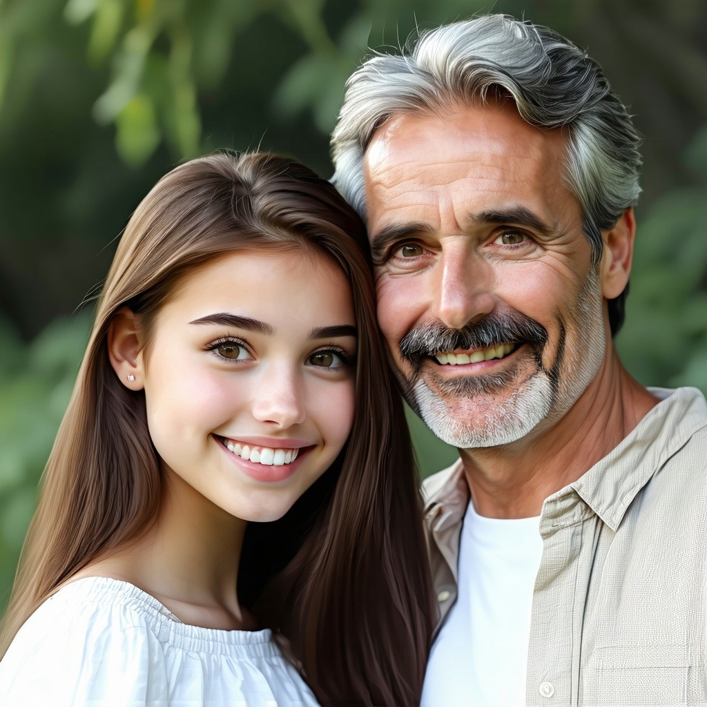 generate a young woman around 19 years old with her father around 35 years old white people they look happy and healthy