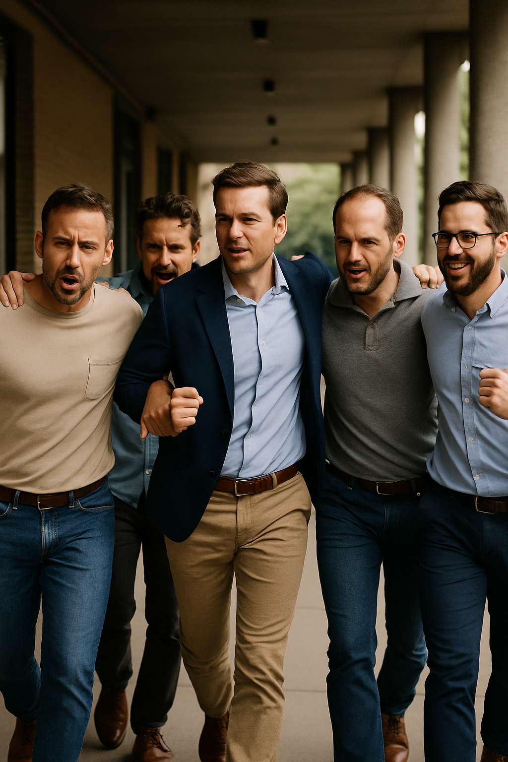 Se ve un grupo de hombres entre 3050 aos todos estn buscando un mismo objetivo se ve que se apoyan y cada uno tiene expresin de xito coraje entre ello