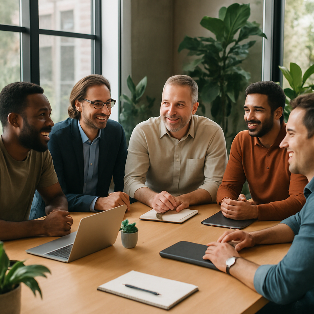 Un grupo diverso de hombres de entre 30 y 50 aos de diferentes etnias y estilos se rene en una moderna sala de juntas Algunos visten casualmente mient